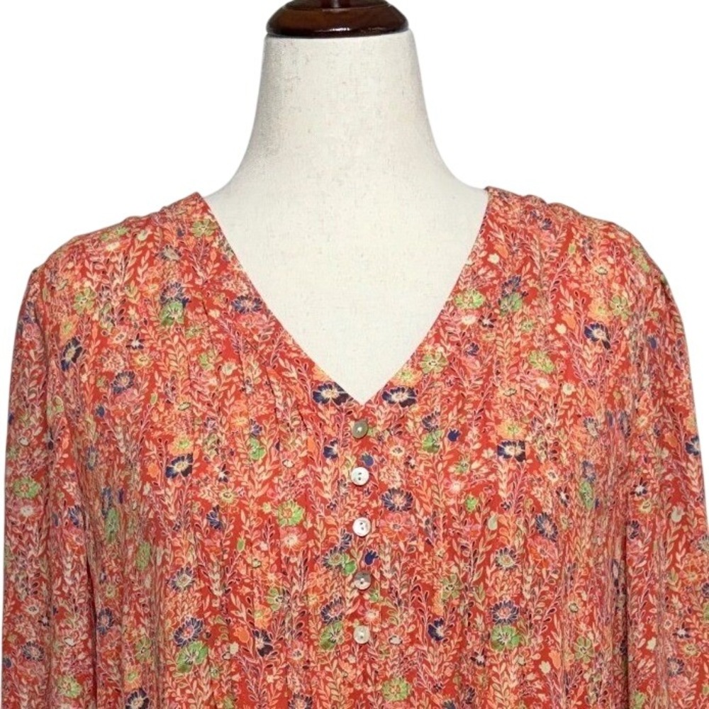 Rose+Olive Top Womens 2X Orange Floral V-Neck 3/4 Sleeve Pleated Pullover Office